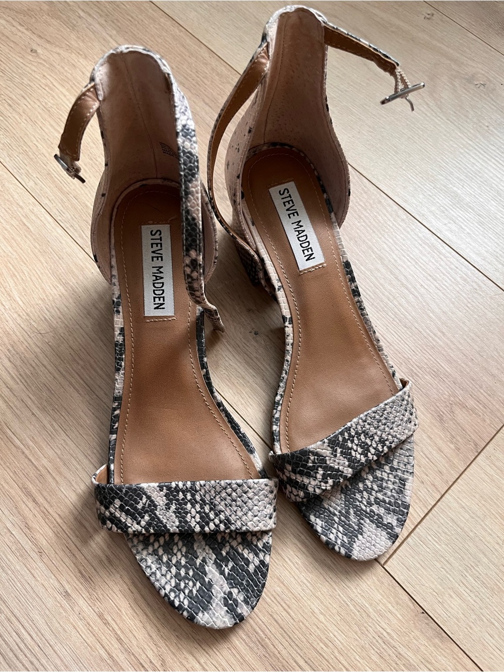 Steve Madden Irene Snake-Print Ankle Strap Heels in Taupe and Black